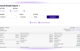 The Payroll Details Report shows year-to-date details by employee, location, totals, or checks.