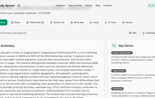 “AI-generated study packs organized into summaries, notes, flashcards, quizzes, mind maps, audio, and more — all structured for efficient learning.”