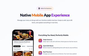 Mobile app features: swipe editing, quick sheets, real-time sync, dark mode. Restaurant owners manage menus on the go.