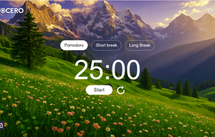"Clean and distraction-free Pomodoro timer interface."
"Focero main timer screen with multilingual support."
"Web-based focus timer designed for individuals and remote teams."
"Minimalist productivity timer — no downloads, no clutter."