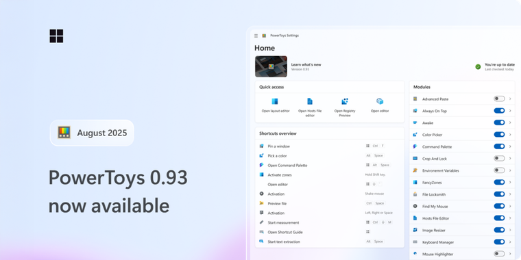 PowerToys 0.93 brings several improvements to Command Palette, redesigned dashboard & more image