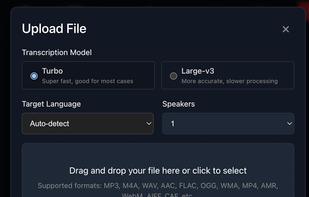Upload audio or video files via drag-and-drop or click-to-select, supporting 20+ formats including MP3, WAV, AAC, MP4, and WebM. Choose between "Turbo" for super-fast processing or "Large-v3" for higher accuracy. Configure target language (auto-detect available) and speaker count for precise transcription results.