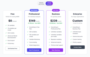 Choose the plan that fits your needs. Free plan includes 20 variables, OLS models, advanced decomposition, and full privacy—perfect for testing MMM. Professional plan ($149/month) offers 500 variables, Variable Workshop, curve testing, and model diagnostics. Business plan ($239/month) provides unlimited variables, Bayesian modeling, advanced exports, and priority support.