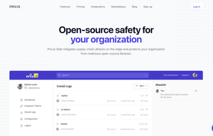 PrivJs Safe homepage. Block the installation of vulnerable npm packages and provides developer tools to detect vulnerabilities in the proejct.