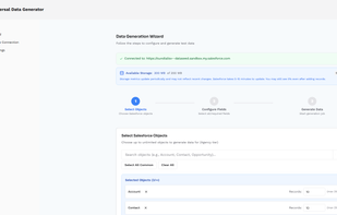 Step 1 of wizard: Select Salesforce objects (Account, Contact, etc) with record count configuration