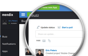 Social Collaboration
Business – IT collaboration can make or break the success of an application – Mendix’s built-in social collaboration features make it easy and fun to engage all stakeholders across business and IT, throughout the lifecycle of your project. Keep tabs on all the moving parts and have a closed loop platform for end user feedback.