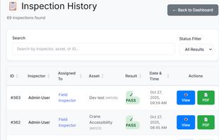 Inspection history table with searchable records, dates, and compliance status
