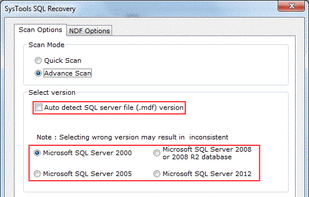 Select Quick or Advanced Scanning modes to repair database on the basis of their corruption level. The software also provides an option to auto detect the database file version automatically .