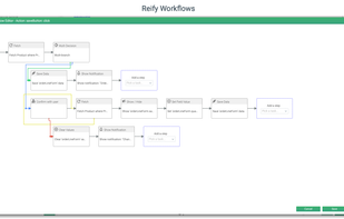 Reify lets you define application workflows visually, connecting screens, actions, and data without hand-coding.