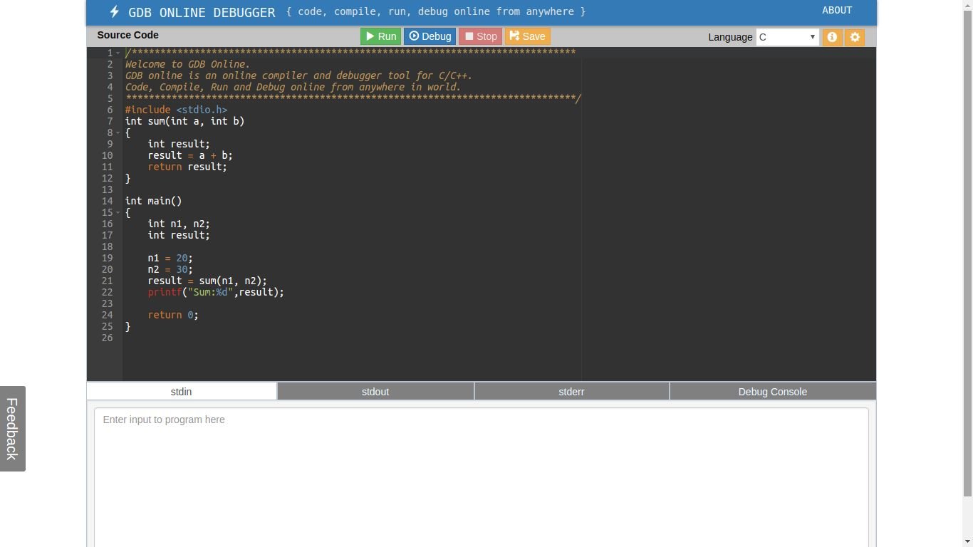Online GDB is online ide with compiler and debugger for C/C++