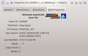 ROM properties page for Nintendo GameCube ".gci" save file