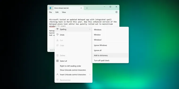 Spellcheck and Autocorrect for Notepad in Windows 11 starting to roll out to some users