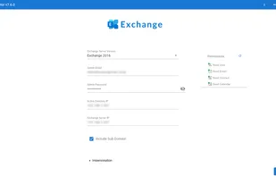 Source Exchange Configuration: Configure the source environment by selecting your Exchange Server version (e.g., 2016). Enter the Admin credentials and Server IP to establish a secure connection. The side panel displays real-time Permission Validation (Read User, Read Email) to ensure access.