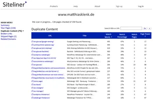 View of duplicate content with URL, Title, Match Words, Match Percentage, Match Pages and Page Power