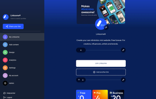 Overview of the dashboard with the options to edit the page, add content, design the page and analyse profile data.