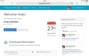 Your personal home page shows the next upcoming event, and the reminders for that event.