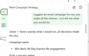 The Swift Missive AI chatbot collaborating with the user on email campaign ides