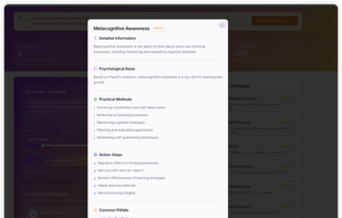 Metacognitive Awareness modal with sections for detailed info, psychological basis, practical methods, action steps, and common pitfalls, each presented as concise bullet points.