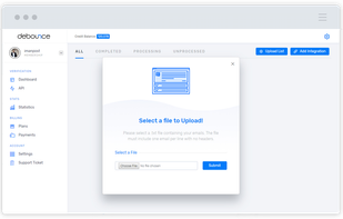 Upload your email list in a TXT or CSV format file by dragging a file into the dotted area and wait for application to process your list. Duplicated row will be indicated and you do not pay for duplicates.