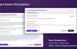 FindExams exam interface showing a PMP practice question with multiple-choice answers, timer, navigation controls, and detailed explanation panel.
