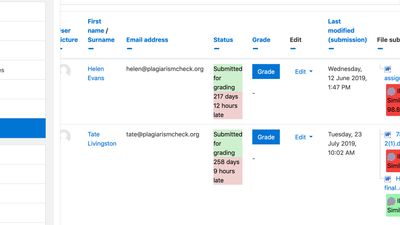 Moodle integration: plagiarism report is available in Grades. Click on the plagiarism score to access a detailed report.  
