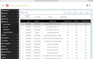 The eSales Analyst Price List screen provides a clear view of all product prices, including retail, wholesale, and purchase rates. Users can quickly filter, update, and manage pricing across multiple categories. This screen helps businesses maintain accurate price structures and ensure consistent billing.