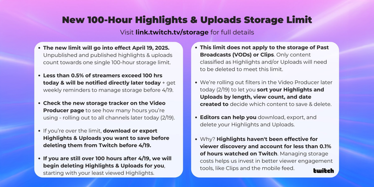Twitch introduces 100-hour storage limit for highlights and uploads starting April 2025 image