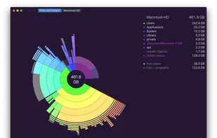 DaisyDisk 4 showing HD level scan, including free space on the disk. Hidden volumes are revealed in DaisyDisk that you normally can't see in Apple's utilities.
