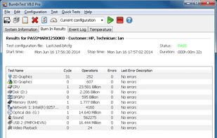 Main screen - Burn In Results (professional version in Windows 7)