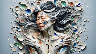A middle-aged woman of Asian descent, her dark hair streaked with silver, appears fractured and splintered, intricately embedded within a sea of broken porcelain. The porcelain glistens with splatter paint patterns in a harmonious blend of glossy and matte blues, greens, oranges, and reds, capturing her dance in a surreal juxtaposition of movement and stillness. Her skin tone, a light hue like the porcelain, adds an almost mystical quality to her form.
