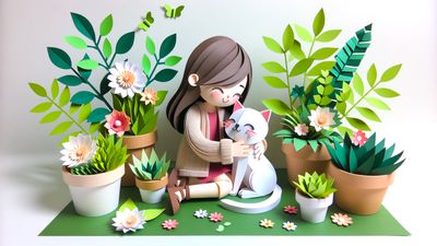 A paper craft art depicting a girl giving her cat a gentle hug. Both sit amidst potted plants, with the cat purring contentedly while the girl smiles. The scene is adorned with handcrafted paper flowers and leaves.