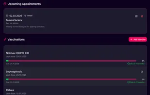 Status bars for vaccinations and medicines, indicating due dates.