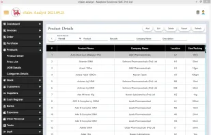 The eSales Analyst Product Management screen allows users to add, edit, and organize products with ease. It displays essential details such as item names, barcodes, categories, pricing, tax settings, and stock information. This screen helps businesses maintain accurate product records and streamline inventory operations.