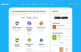 Espanido offers structured grammar topics like noun gender, verb conjugations, and articles for interactive practice.