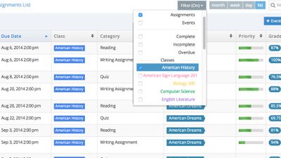 In addition to viewing your assignments and events in the calendar, manage your schedule in List View for a concise snapshot of your assignment lineup. Sort assignments by class, priority level, due date, materials needed, etc. for an easy way to structure your study time and plan your approach to mastering your courses.