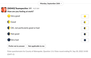 Answer smart pulse surveys directly in Slack or MS teams (in under 30 seconds).