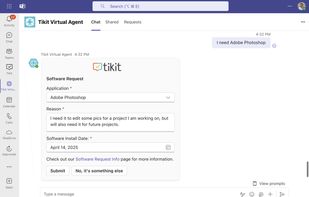 Eliminate repetitive requests with AI-driven conversational self-service, allowing users to resolve common issues on their own. Tikit leverages AI and OpenAI on Azure to provide responses from preset answers, central repositories, or uploaded files.