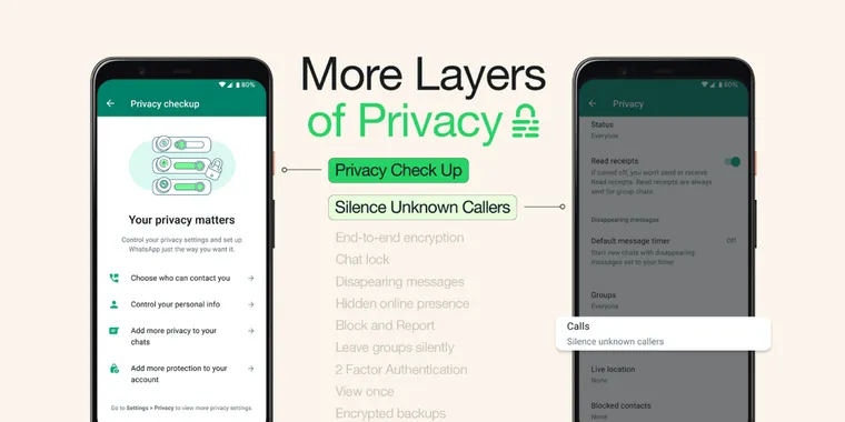 WhatsApp's most recent update brings new privacy measures: Silence Unknown Callers and Privacy Checkup image