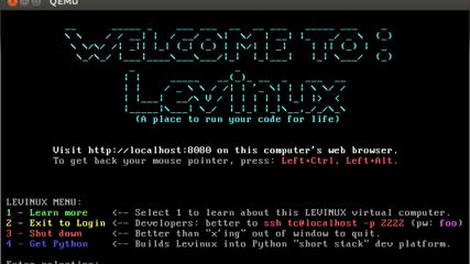 What does Levinux look like?

When you double-click the launch script, a black window that looks much like this will pop up. The first time you run Levinux, it will “inflate” by hitting a software repository to pull down a webserver and an SSH server. You need an Internet connection and not-too-restrictive firewall for this to work correctly.