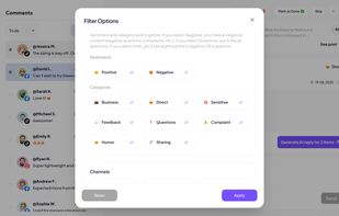 The advanced Filter Options let you organize comments by sentiment (positive, negative) or category (business, complaint, feedback, humor, etc.), making it easy to manage and reply to multiple interactions at once with bulk actions.