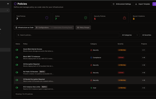 Create OPA/Rego policies using natural language. Enforce security before deployment - block insecure S3 buckets, require encryption, enforce tagging. Track compliance from one dashboard.