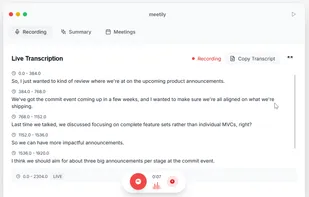 The window is completely white. Tabs at the top: Recording, Summary, Meetings.

At the bottom: the ‘Record’ button with the microphone, the duration of the current recording and, on the web demo, a “stopwatch” button to pause (standard ‘pause’ button on the software).
Section title: Live Transcription.

Status: Recording in progress (indicated by a red dot and the word ‘Recording’).