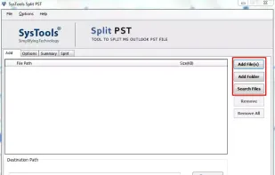 Initial Screen of SysTools Split PST software. Add a PST file to start the file splitting process.
