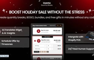 Pareto Quantity Breaks app banner showing holiday sale setup with tiered discounts, bundles, and free gifts for Shopify stores. Highlights AI translation, timezone scheduling, Shopify POS integration, and 24/7 human support.