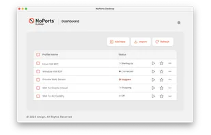 With a single click of a button, the NoPorts dashboard allows you to easily create a secure connection to another device no matter where it's located.