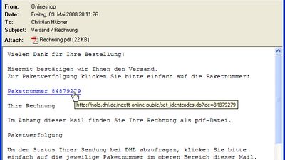 The Message Window displaying the safe content of an HTML-formatted e-mail (including the link targets via tooltip):