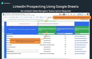 Leverage the power of natural language queries to search for companies and individuals on LinkedIn. Custom-built Google Sheets functions automatically fetch comprehensive company profiles and contact details, including industry, number of employees, and website URLs.