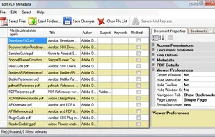 Select multiple PDF files and folders to load into the application. All loaded documents are shown in a spreadsheet-like view by displaying file name, title, subject, author and keywords standard metadata fields. 