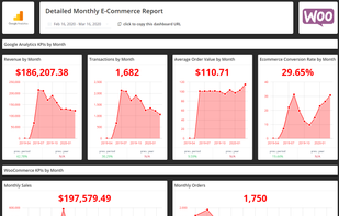 Detailed Monthly E-Commerce report - super useful for website owners or marketers that want an all-in-one report for their PPC efforts and their e-commerce data. Includes KPIs from Google Analytics, WooCommerce, Facebook Ads & Google Ads. 