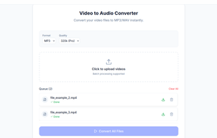 The main conversion interface showing format and quality settings, the batch upload area, and a queue of processed files.